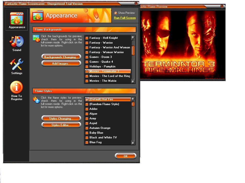 Fantastic Flame Screensaver : Configuration screen with options