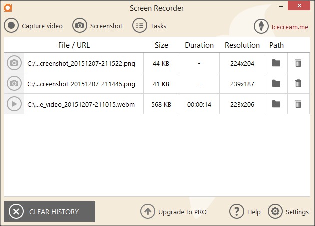 Icecream Screen Recorder 2.7 : History Window