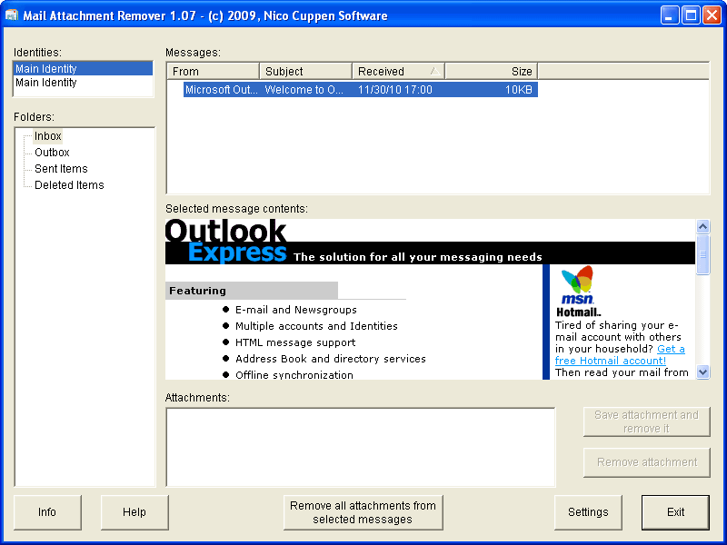 Mail Attachment Remover 1.0 : Main window.