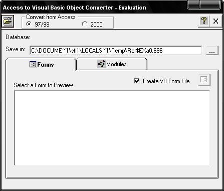 Microsoft Access to Visual Basic Object Converter 1.0 : Main window