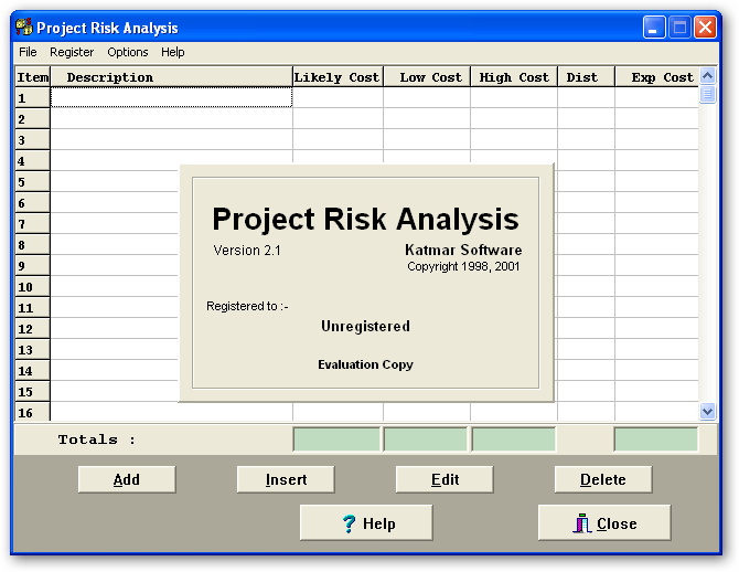 Project Risk Analysis 2.1 : Main window