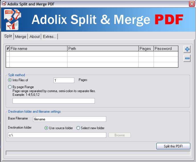 Adolix Split and Merge PDF 1.4 : Main window