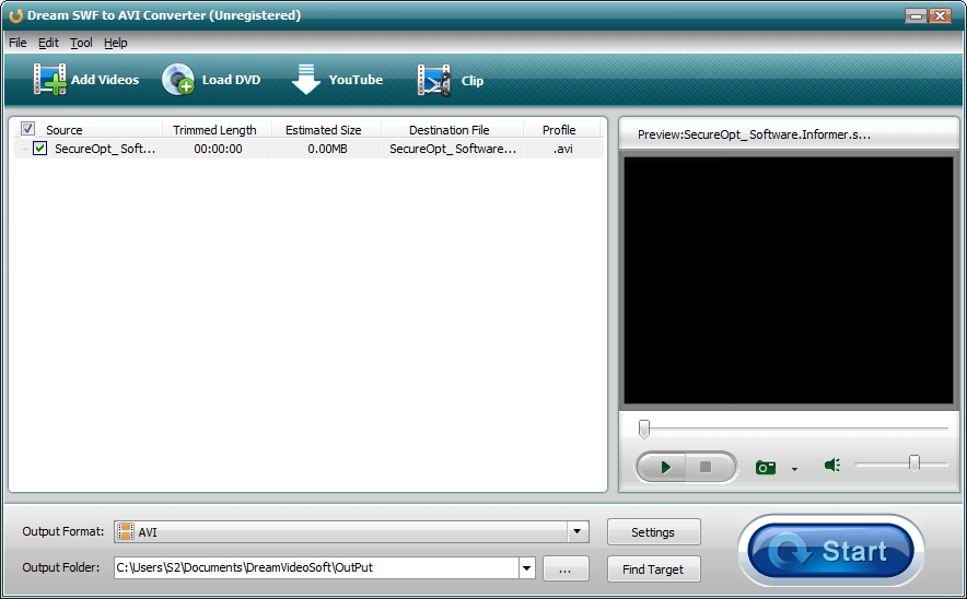 Dream SWF to AVI Converter : Main window