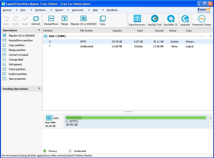 EaseUS Partition Master Free 10.8 : Main Window