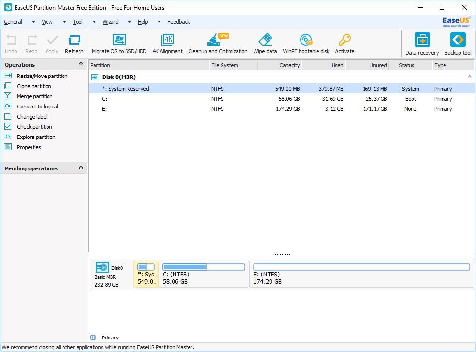 EaseUS Partition Master Free 12.8 : Main Window