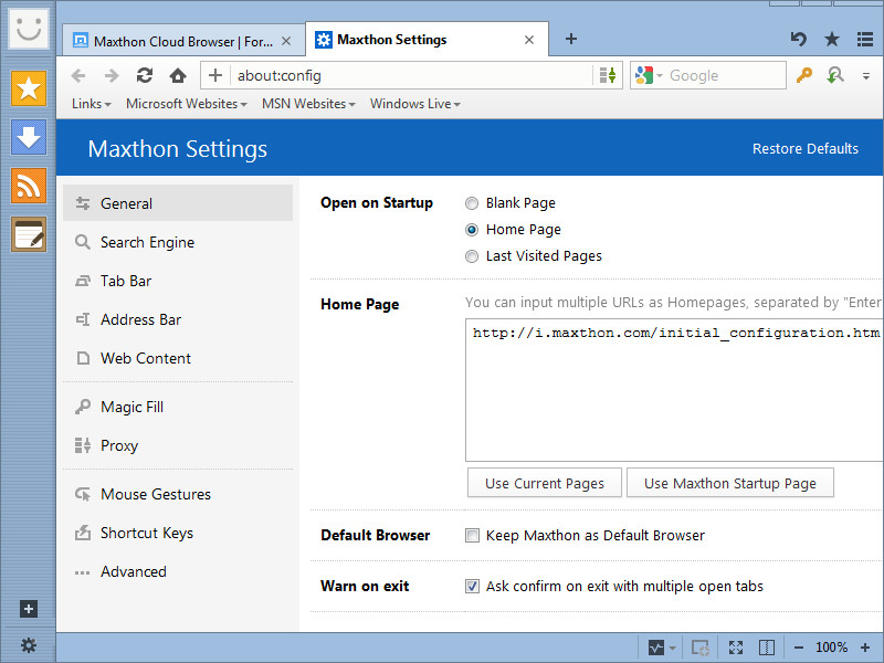 Maxthon MX5 Cloud Browser 4.9 : Settings