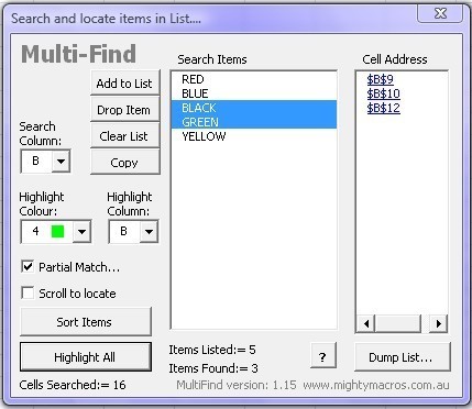 mightymacros Multifind Excel Addin 1.17 : Main Window