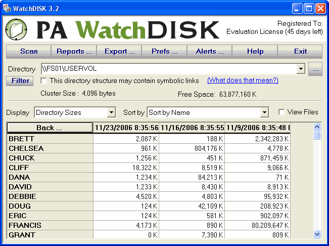 WatchDISK Disk Space Tracker 3.2 : Main Window
