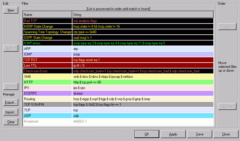 Wireshark 0.9 : Coloring rules window