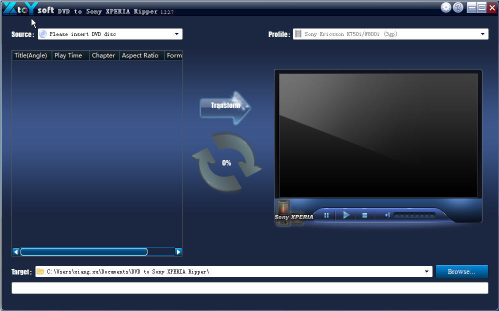 XtoYsoft DVD to Sony XPERIA Ripper 1.2 : Main window