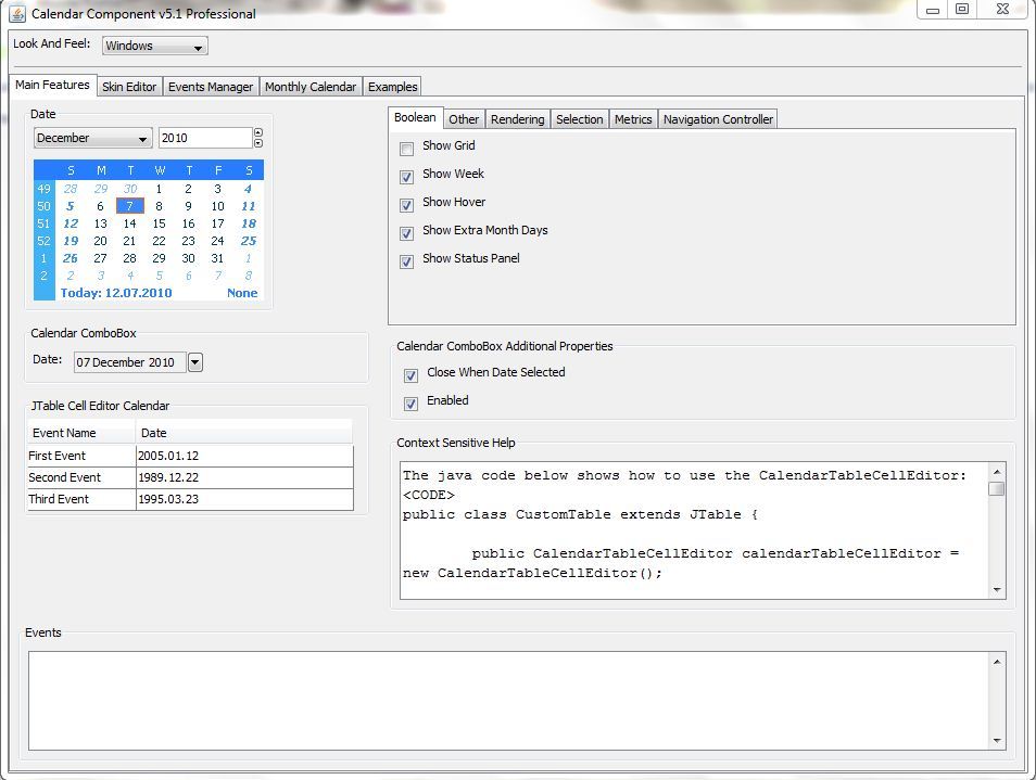 Calendar Component Professional 5.1 : Main features