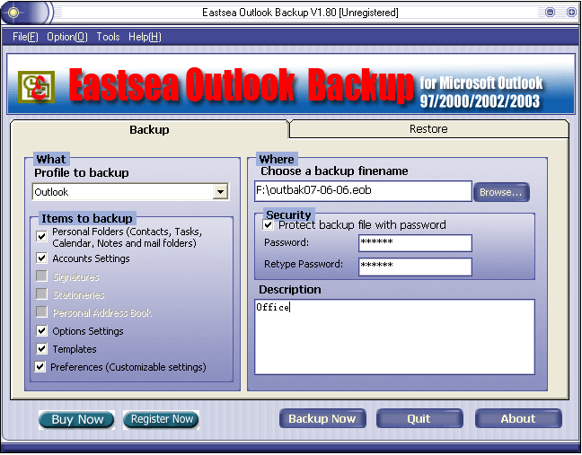 Eastsea Outlook Backup 2.1 : Main Window