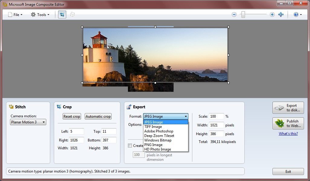 Microsoft Image Composite Editor 1.4 : Output Format Selection
