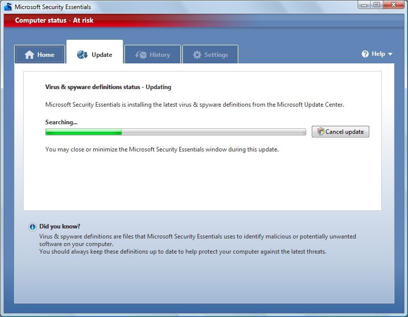 Microsoft Security Essentials 1.0 : Updating virus & spyware definitions