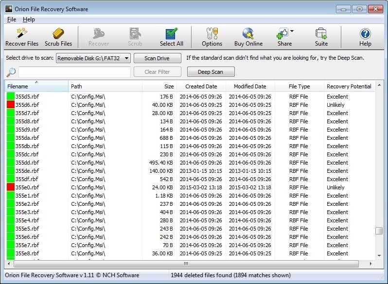 Orion File Recovery Software 1.1 : Recoverable Files