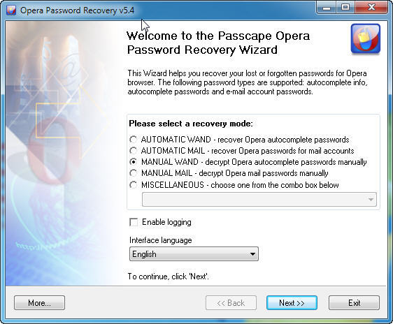 Opera Password Recovery 5.4 : Main window