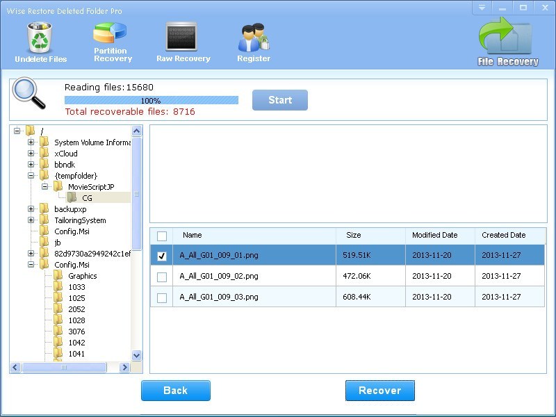 Wise Restore Deleted Folder Pro 2.9 : Scan Results Window