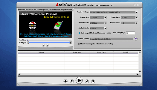 Acala DVD to Pocket PC movie 2.9 : Main Window