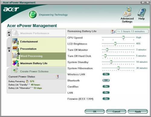 Acer ePower Management : Interface