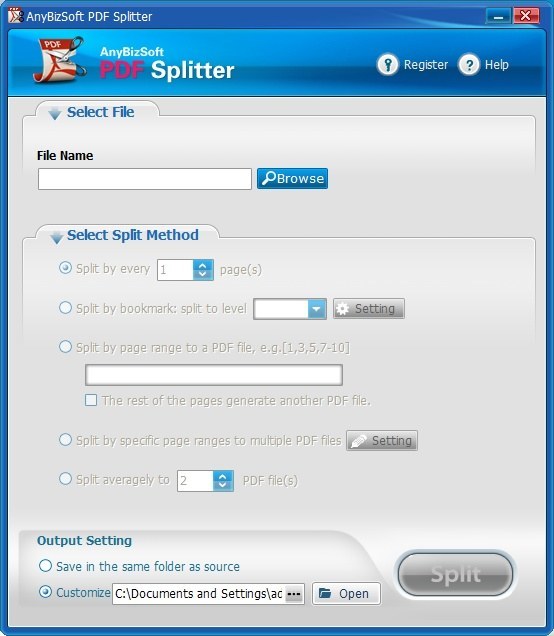 AnyBizSoft PDF Splitter 1.0 : Main interface