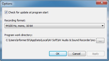 AV Audio & Sound Recorder 1.0 : Options window