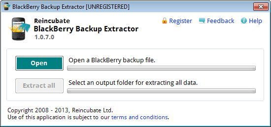 BlackBerry Backup Extractor 1.0 : Main Window