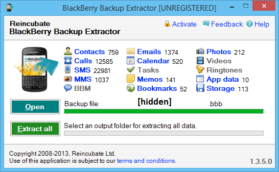 BlackBerry Backup Extractor 1.3 : Extracting a backup