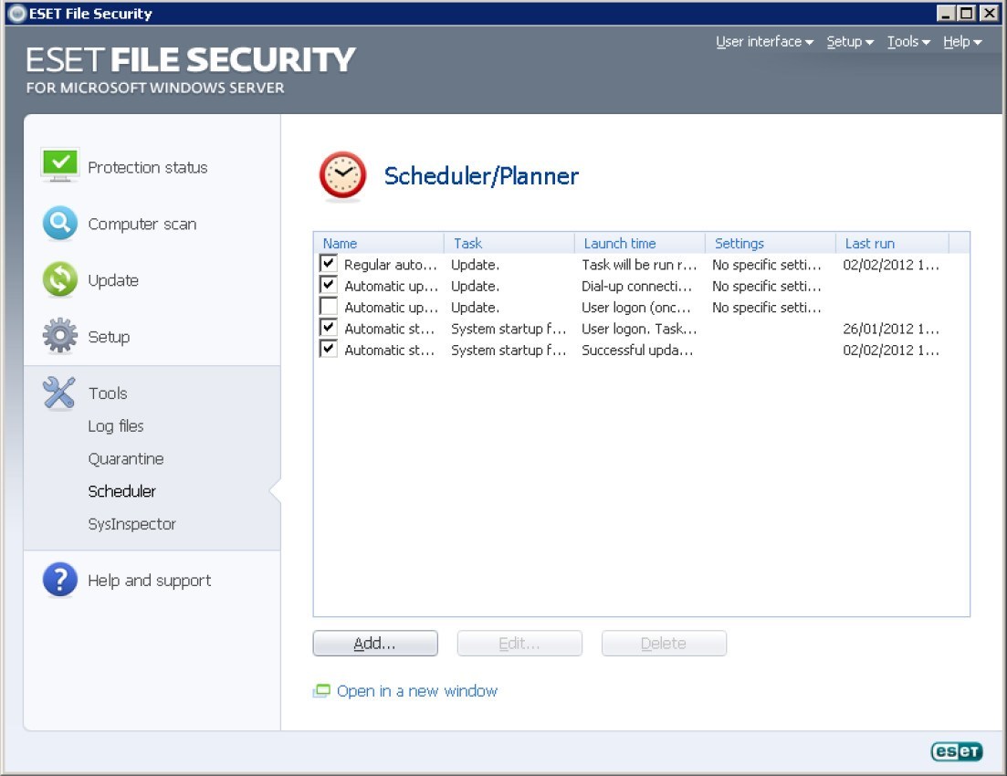 ESET File Security 4.5 : Scan Scheduler Window