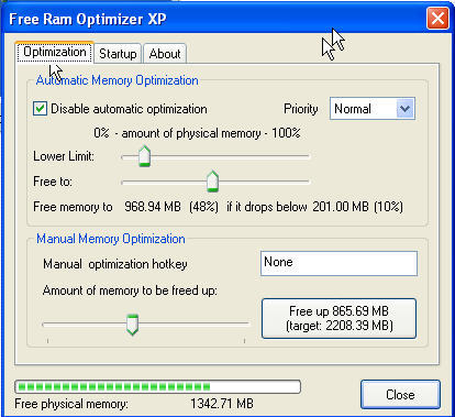 Free Ram Optimizer XP 1.0 : Main screen 1