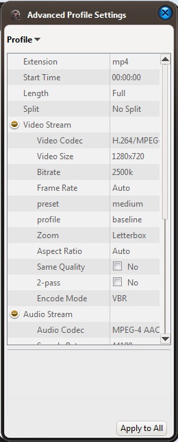 ImTOO Video Converter 7.8 : Advanced Profile Settings