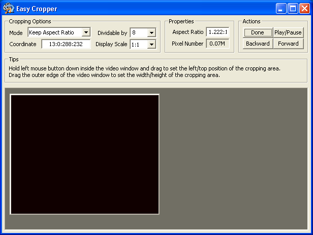 MediaCoder 3GP Edition 0.6 : Image Cropping Dialogue