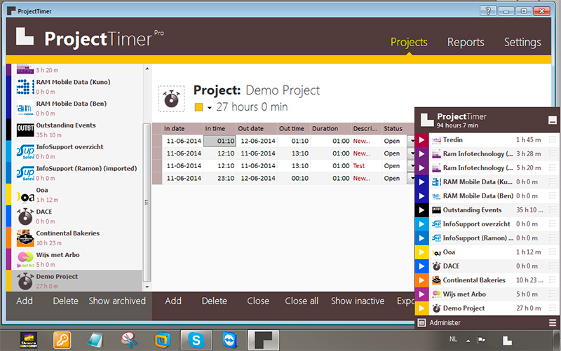 Project Timer 1.20 : Main Window