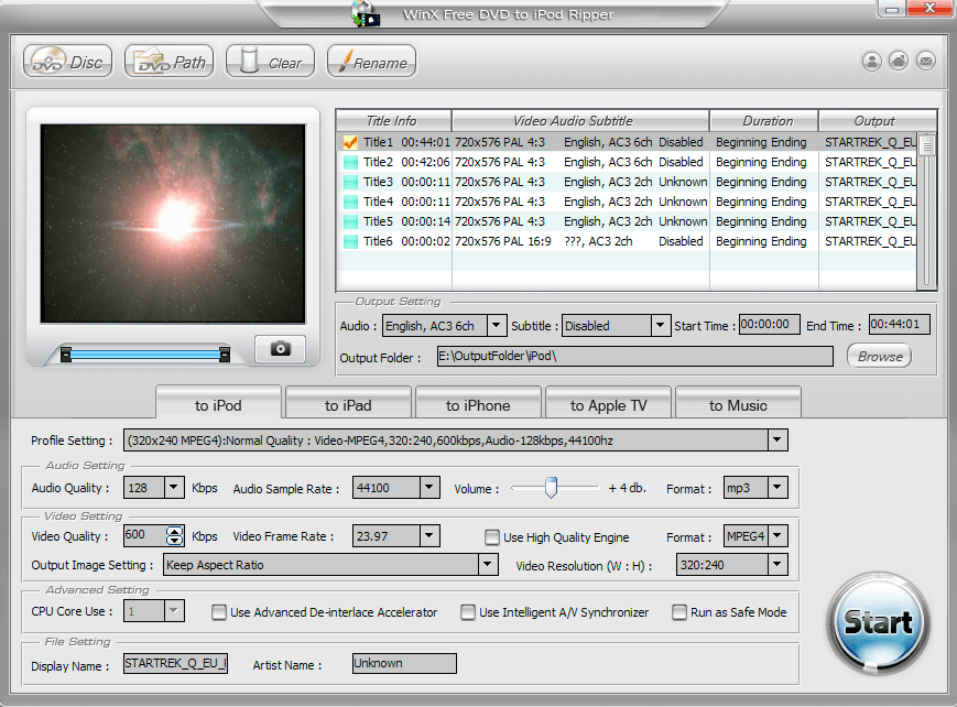 WinX Free DVD to iPod Ripper 4.0 : Main window