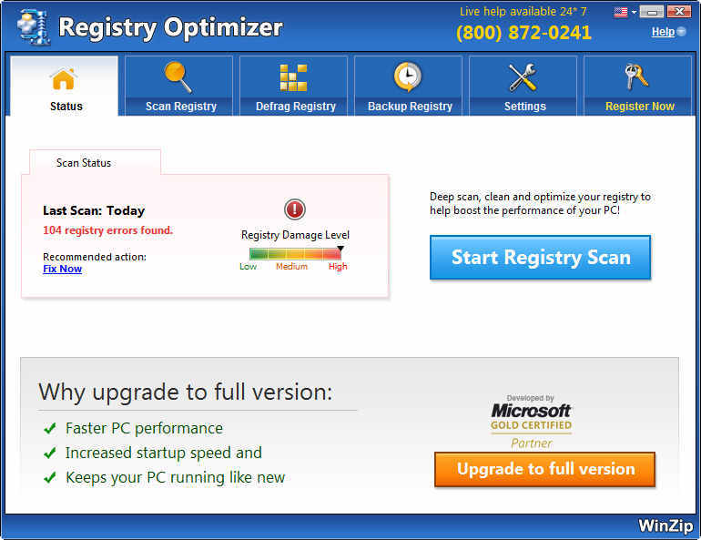 WinZip Registry Optimizer : Status Window