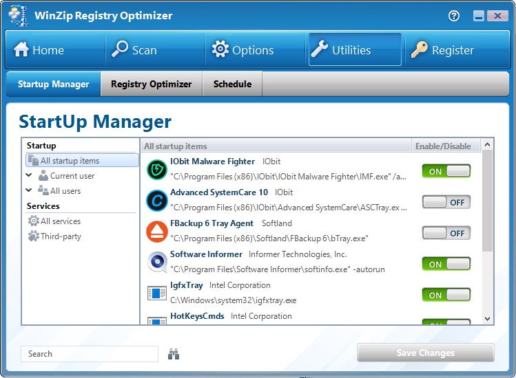 WinZip Registry Optimizer : Startup Manager