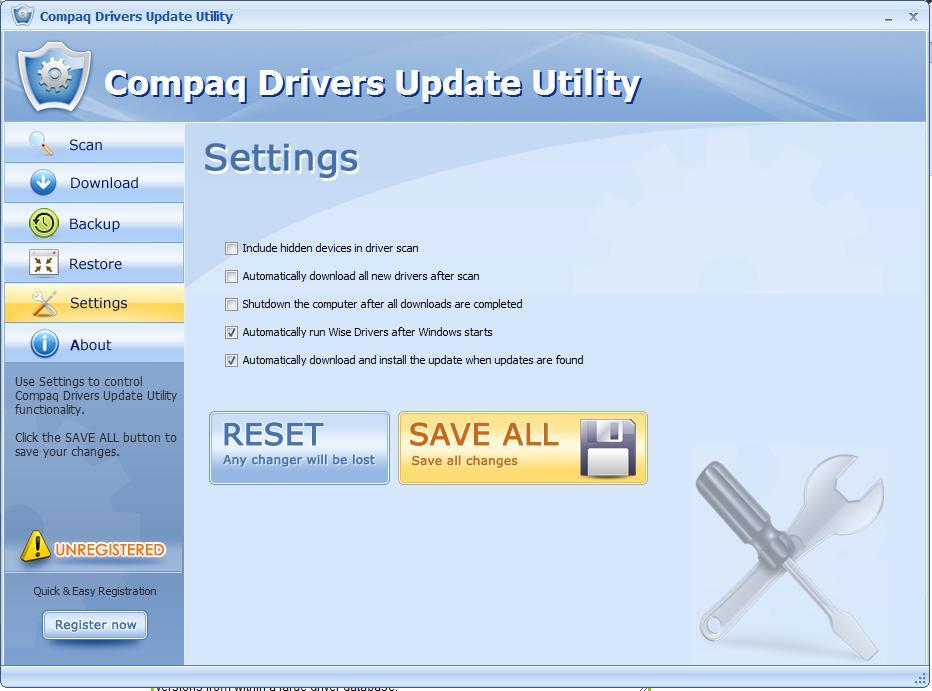 Compaq Drivers Update Utility 2.7 : Settings