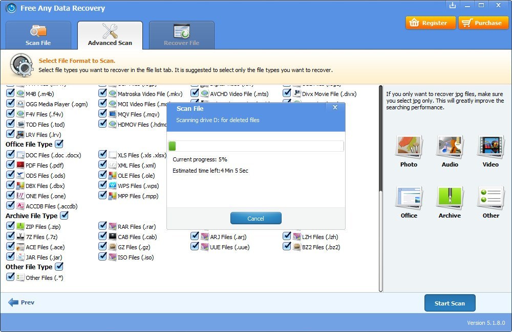 Free Any Data Recovery 5.1 : Scanning