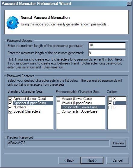 Password Generator Professional 5.4 : Wizard chose options