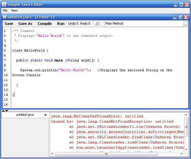Super Simple Java Editor 1.8 : Main window