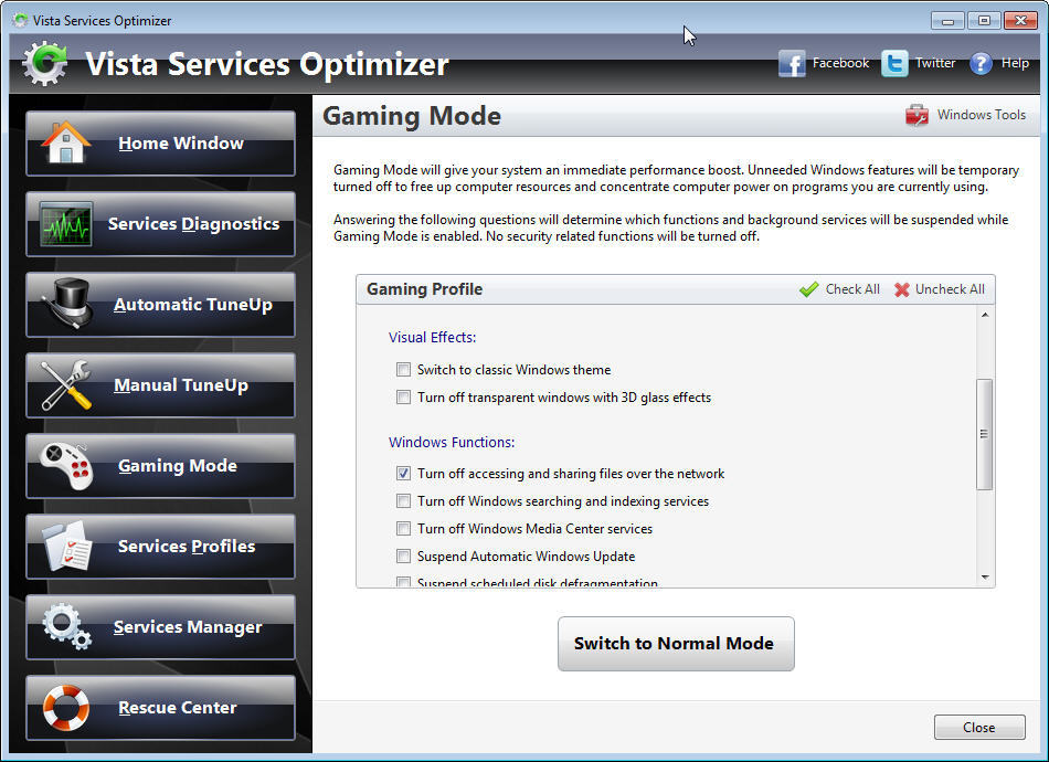 Vista Services Optimizer 2.0 : Main window
