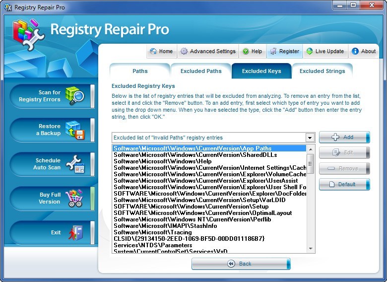 Windows Registry Repair Pro : Exclusion Window
