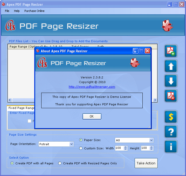 Apex PDF Page Resizer 2.3 : Main window.