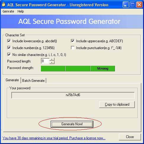 AQL Secure Password Generator 2.0 : Main Window