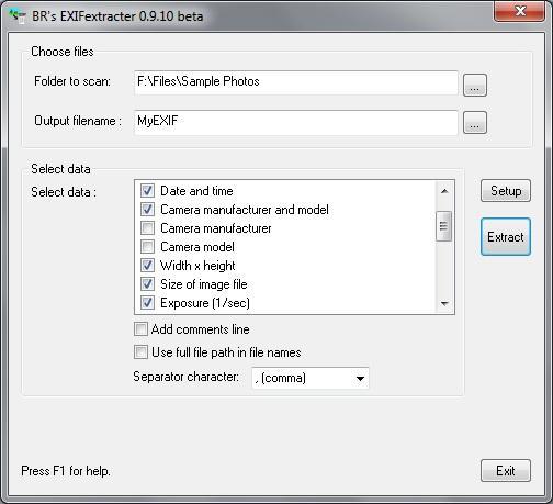 BR's EXIFextracter 0.9 beta : Select EXIF Tags