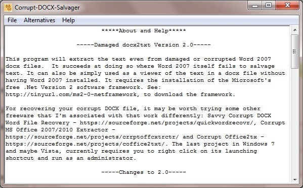 Corrupt DOCX Salvager 2.0 : About and Help Screen