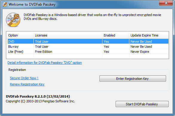 DVDFab Passkey 8.2 : Main window