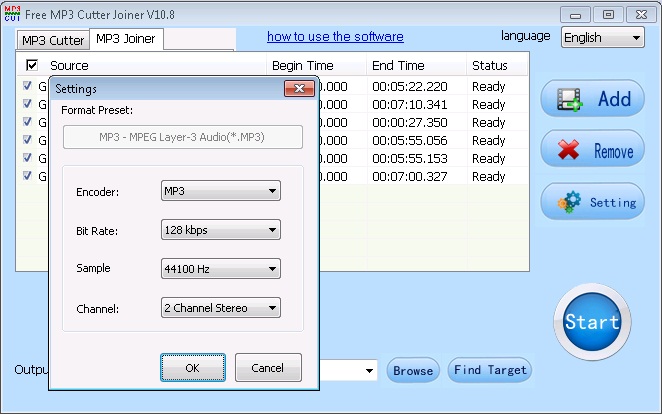 Free MP3 Cutter Joiner 10.8 : Settings Window