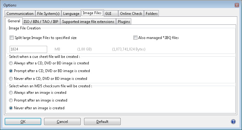 IsoBuster 4.1 : Image Files Options