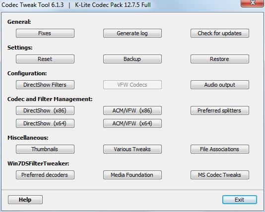 K-Lite Codec Pack Full 12.7 : Main window