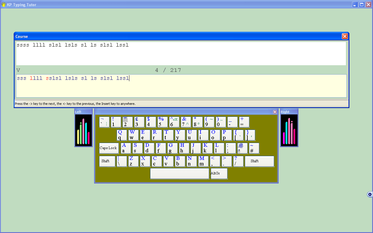 KP Typing Tutor 7.3 : Course Screen showing letters typed in error
